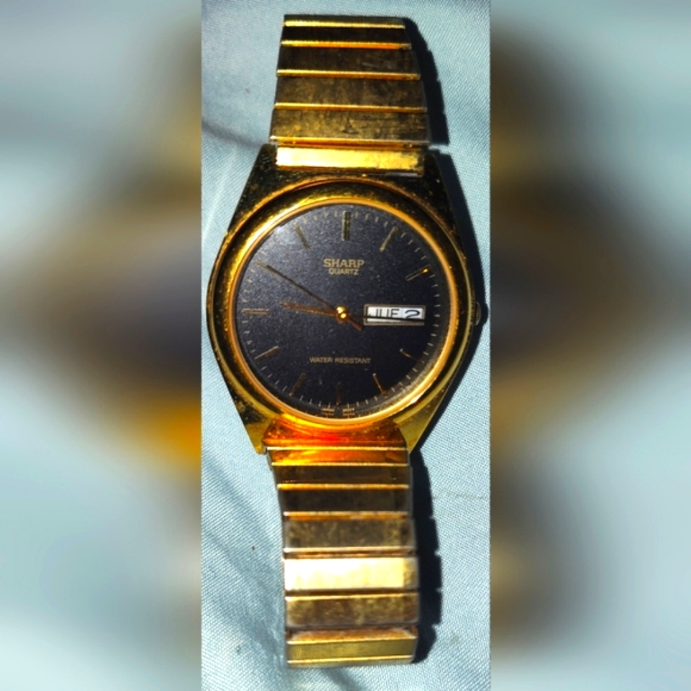Sharp Men Watch Gold Stainless Steel Stretch WR Day Date Battery Black Q…